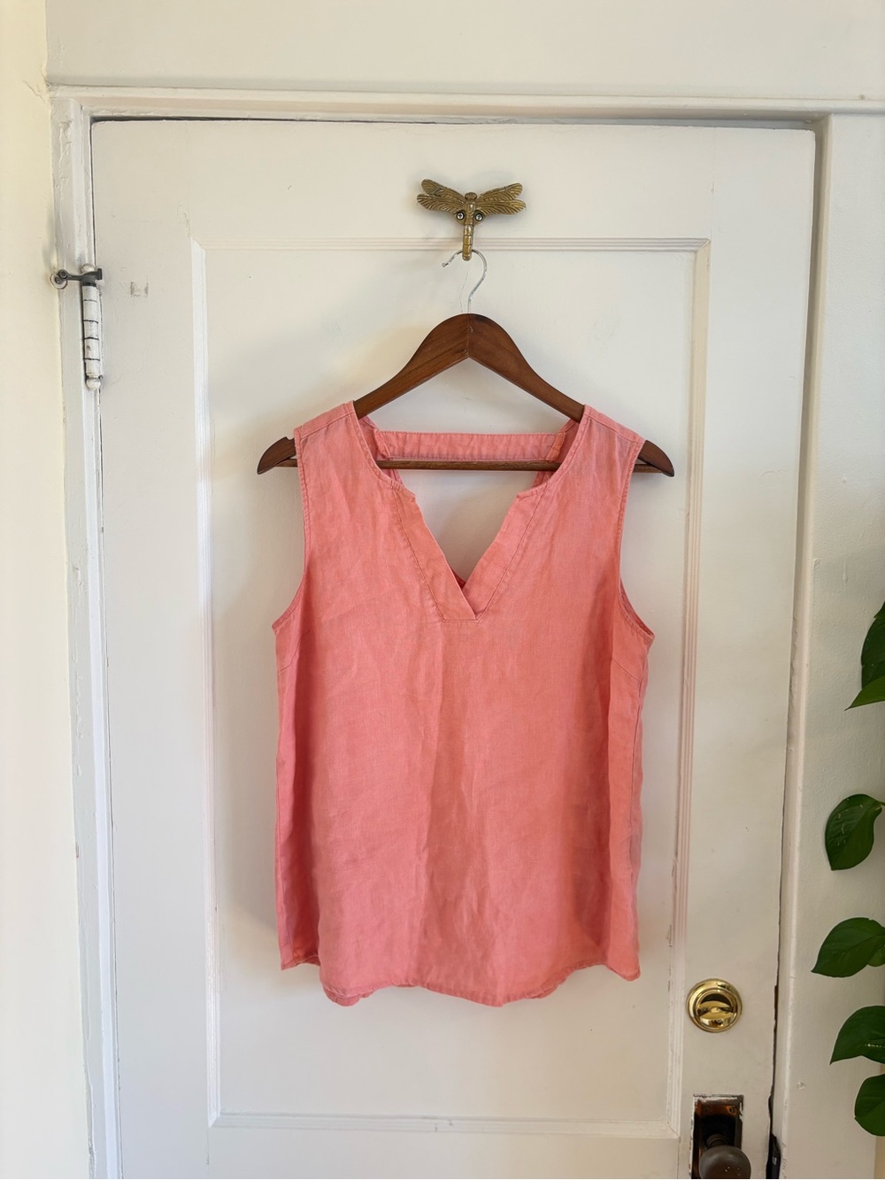 Harve Benard Sleeveless‎ V-Neck Pure Linen Tank Top - Coral Pink - Medium